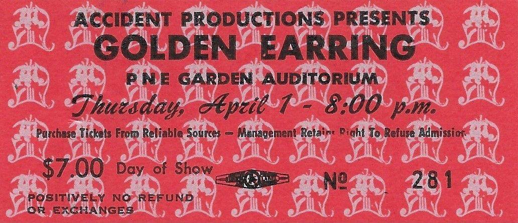 Golden Earring show ticket#281 April 01 1976 Vancouver - P.N.E Gardens